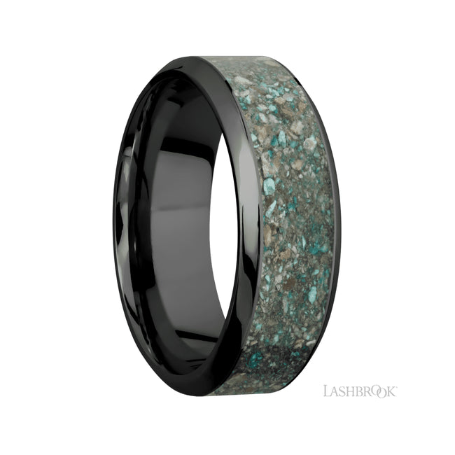 Lashbrook High Bevel/Zirconium Band with inlay of Ocean Jasper