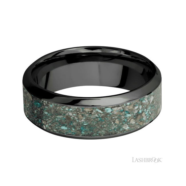 Lashbrook High Bevel/Zirconium Band with inlay of Ocean Jasper