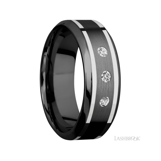 Lashbrook High Bevel/Zirconium Band with two inlays of 14K White Gold and Diamond