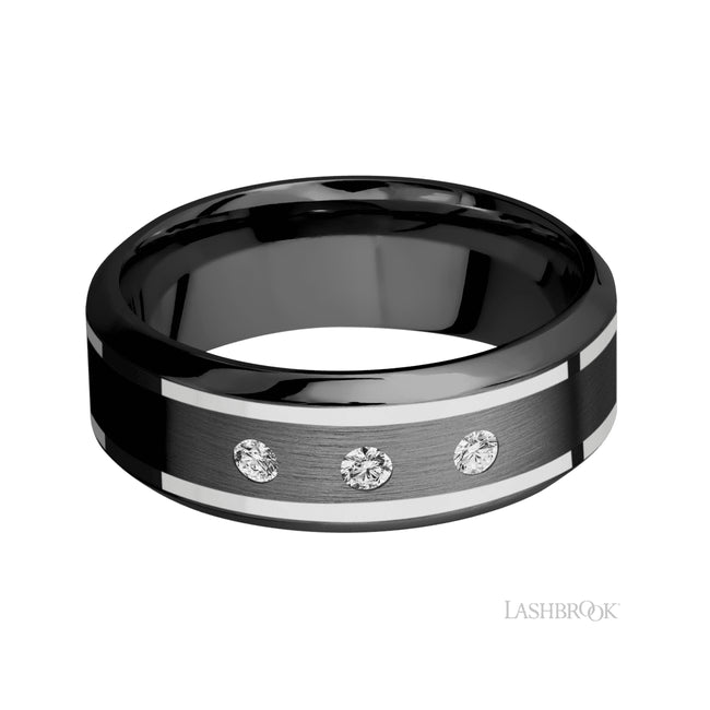 Lashbrook High Bevel/Zirconium Band with two inlays of 14K White Gold and Diamond