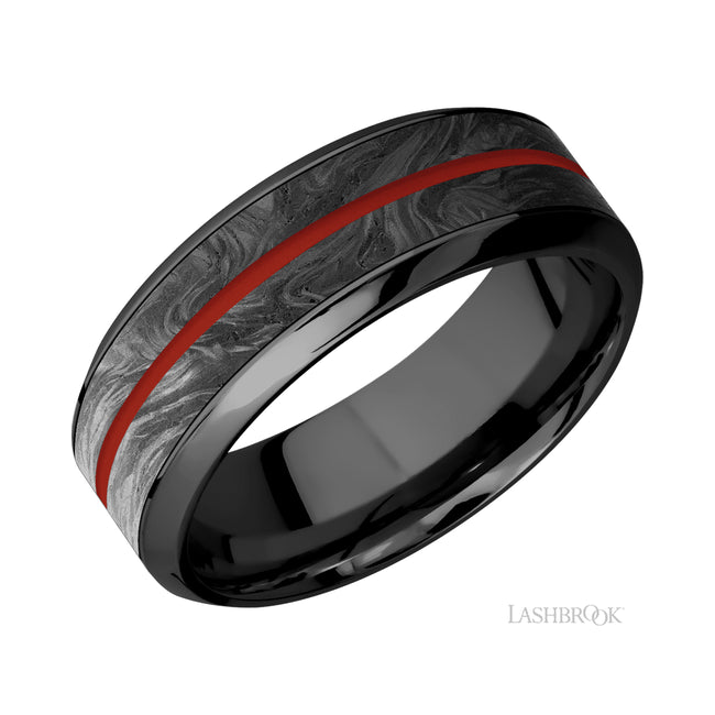 Lashbrook High Bevel/Zirconium Band with inlays of Forged Carbon Fiber and Red Apple