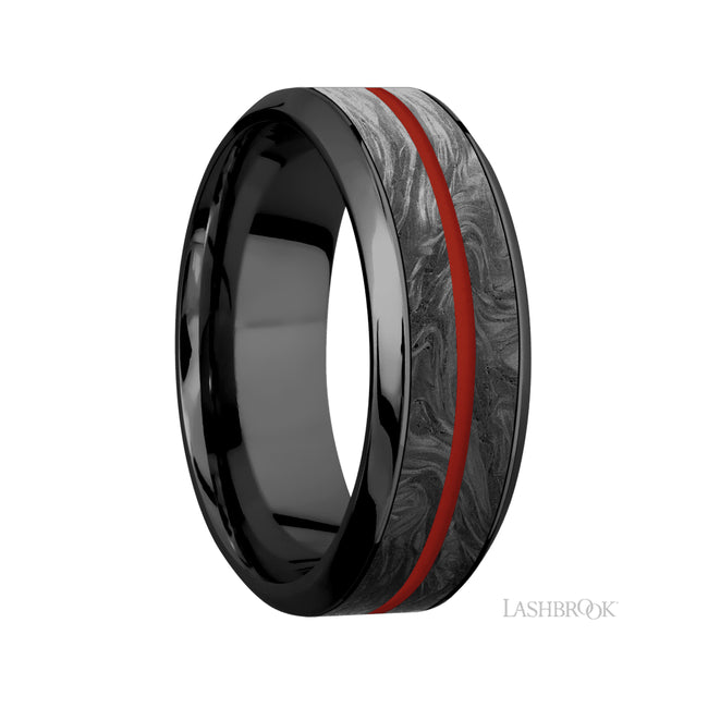 Lashbrook High Bevel/Zirconium Band with inlays of Forged Carbon Fiber and Red Apple