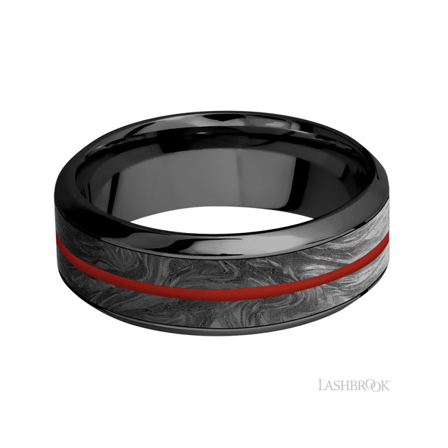 Lashbrook High Bevel/Zirconium Band with inlays of Forged Carbon Fiber and Red Apple