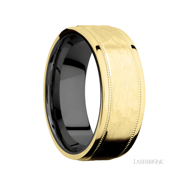 Lashbrook Flat Stepped Edges Milgrain 14K Yellow Gold Band featuring a Zirconium sleeve