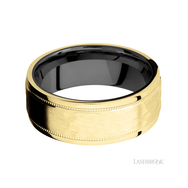 Lashbrook Flat Stepped Edges Milgrain 14K Yellow Gold Band featuring a Zirconium sleeve