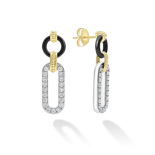 18K Gold Black Ceramic Diamond Drop Earrings