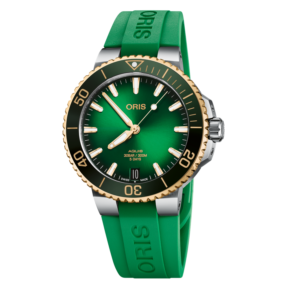 Aquis Date Calibre 400 41.5mm Steel Case Transparent Back Green In Dex Dial Yellow Gold Tone Bezel Gree N Rubber Strap W/Steel