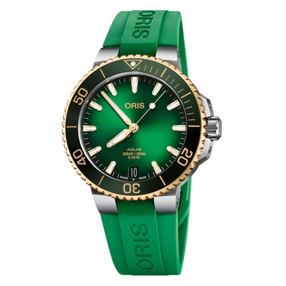 Aquis Date Calibre 400 41.5mm Steel Case Transparent Back Green In Dex Dial Yellow Gold Tone Bezel Gree N Rubber Strap W/Steel