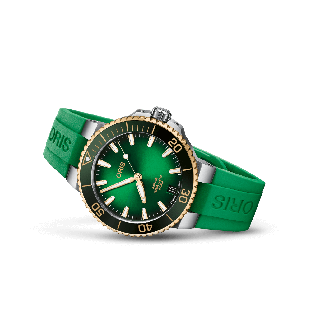 Aquis Date Calibre 400 41.5mm Steel Case Transparent Back Green In Dex Dial Yellow Gold Tone Bezel Gree N Rubber Strap W/Steel