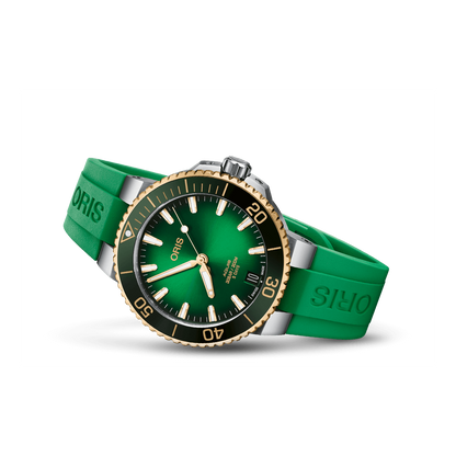 Aquis Date Calibre 400 41.5mm Steel Case Transparent Back Green In Dex Dial Yellow Gold Tone Bezel Gree N Rubber Strap W/Steel