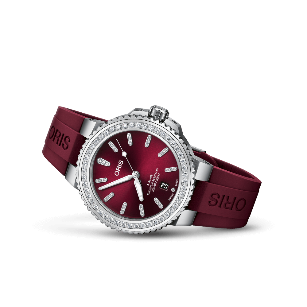 Aquis Date Diamonds 41.5mm Steel Case With Diamonds - Red Diamond Dial - Bordeau x Caoutchouc Strap