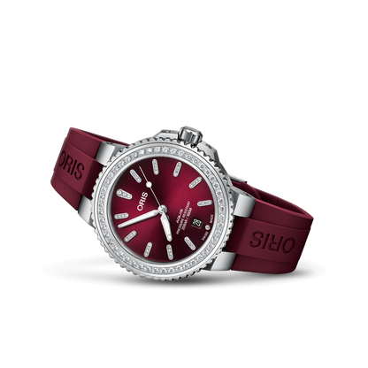 Aquis Date Diamonds 41.5mm Steel Case With Diamonds - Red Diamond Dial - Bordeau x Caoutchouc Strap