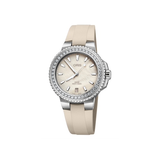 Aquis Date Diamonds 36.5mm Beige Dial Diamond Top Ring Caoutchouc Strap