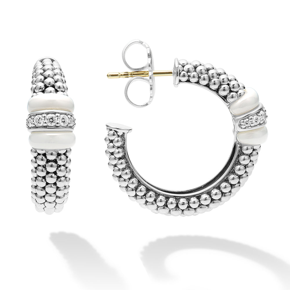 Sterling Silver Pink Ceramic and Diamond Hoop Earrings