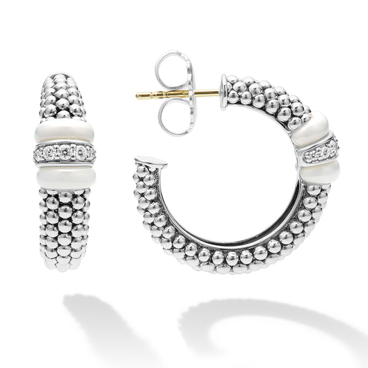 Sterling Silver Pink Ceramic and Diamond Hoop Earrings