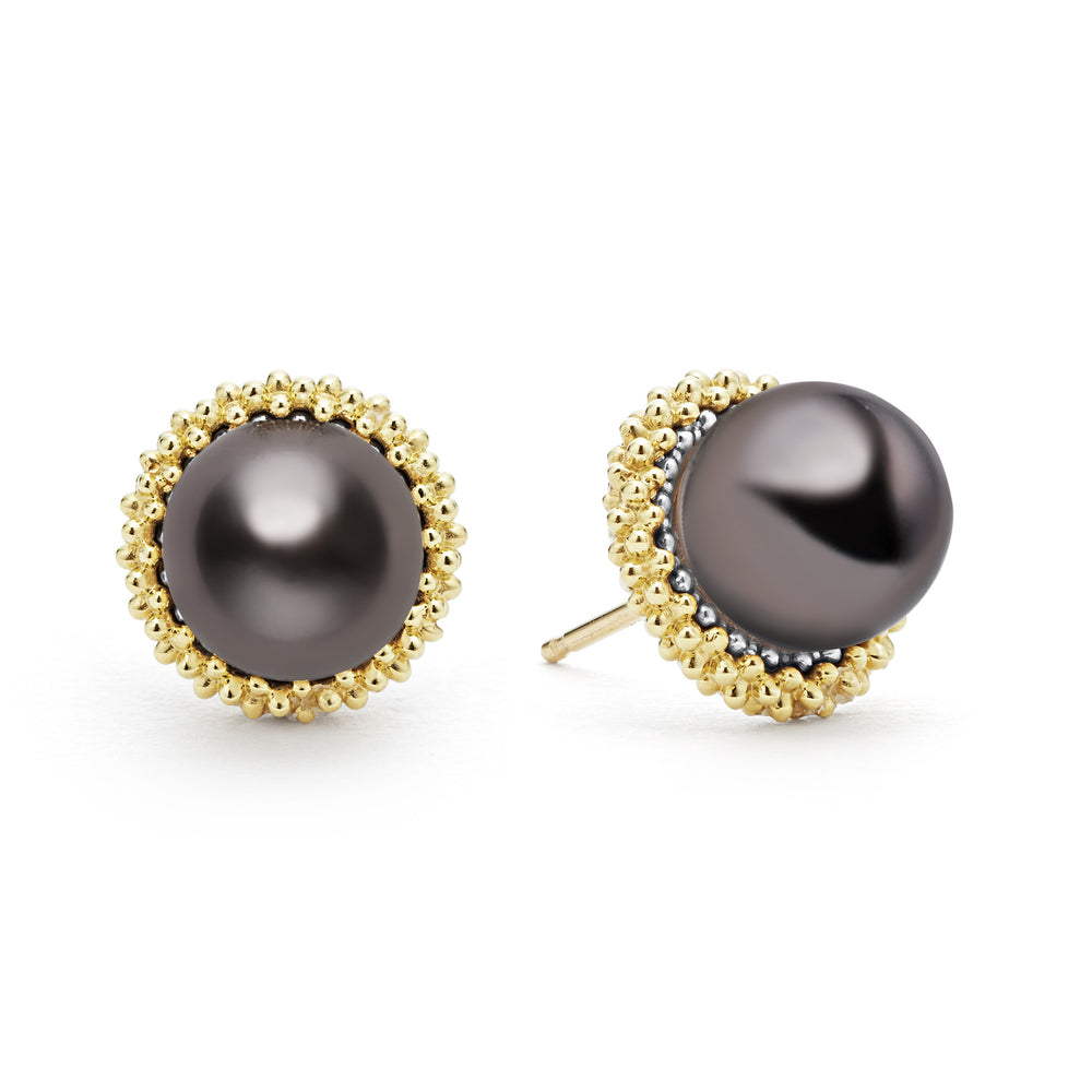 18K Gold and Black Pearl Stud Earrings