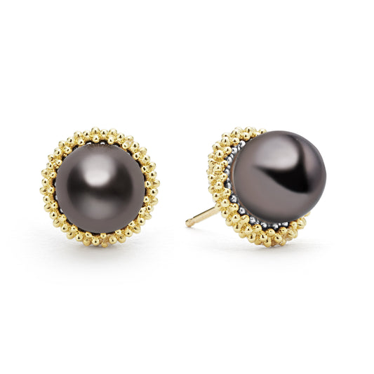 18K Gold and Black Pearl Stud Earrings