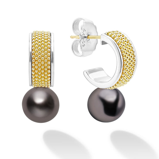 18K Gold and Sterling Silver Black Pearl Hoop Earrings
