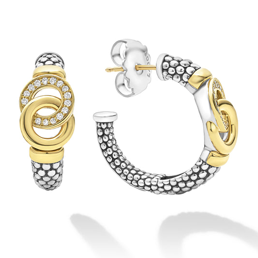 18K Gold and Sterling Silver Diamond Hoop Earrings