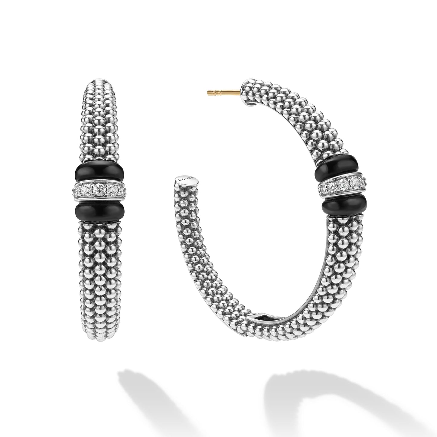 Large Black Ceramic Caviar Diamond Hoop Earrings