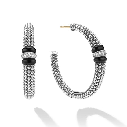 Large Black Ceramic Caviar Diamond Hoop Earrings