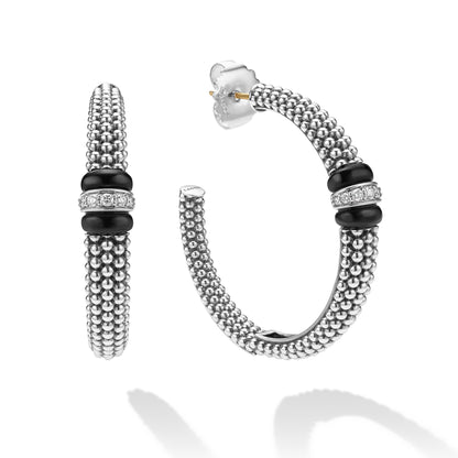 Large Black Ceramic Caviar Diamond Hoop Earrings
