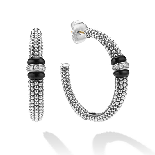 Large Black Ceramic Caviar Diamond Hoop Earrings