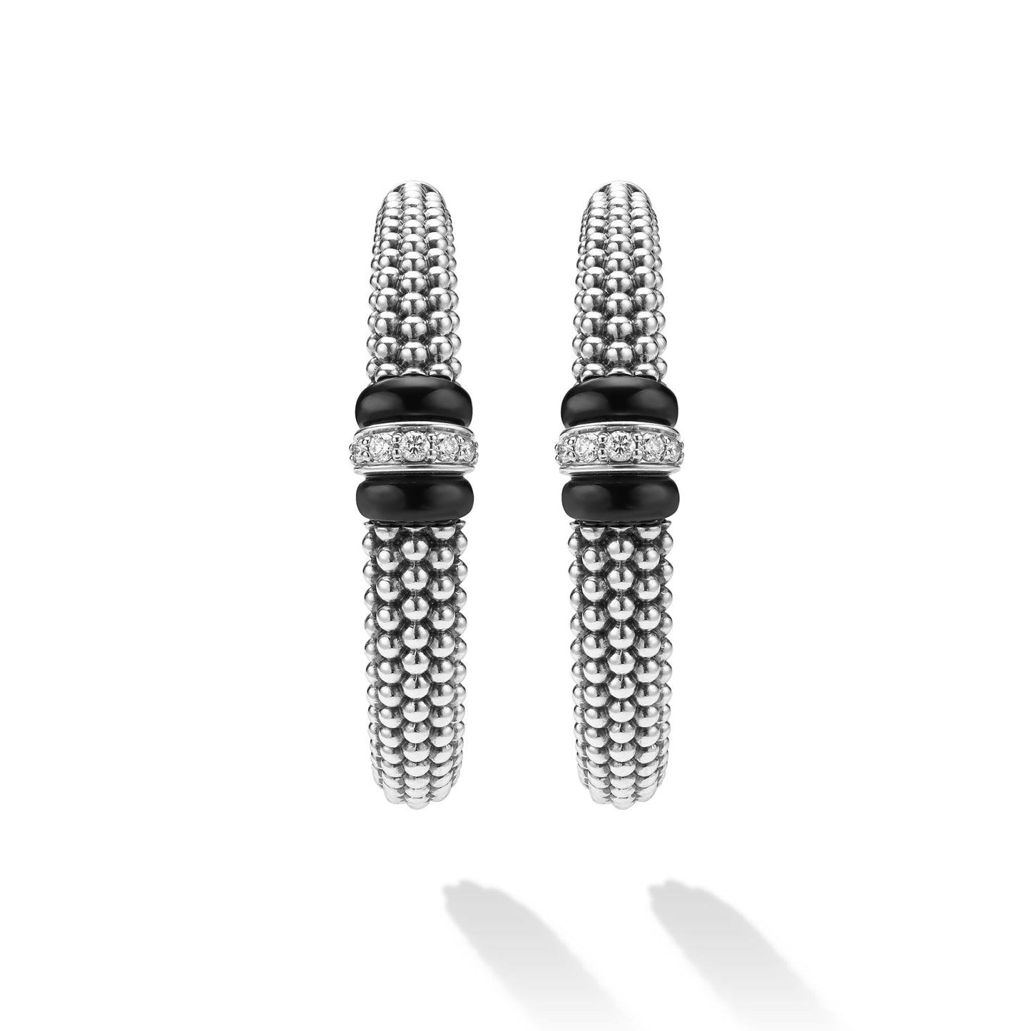 Large Black Ceramic Caviar Diamond Hoop Earrings