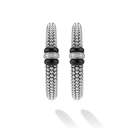 Large Black Ceramic Caviar Diamond Hoop Earrings