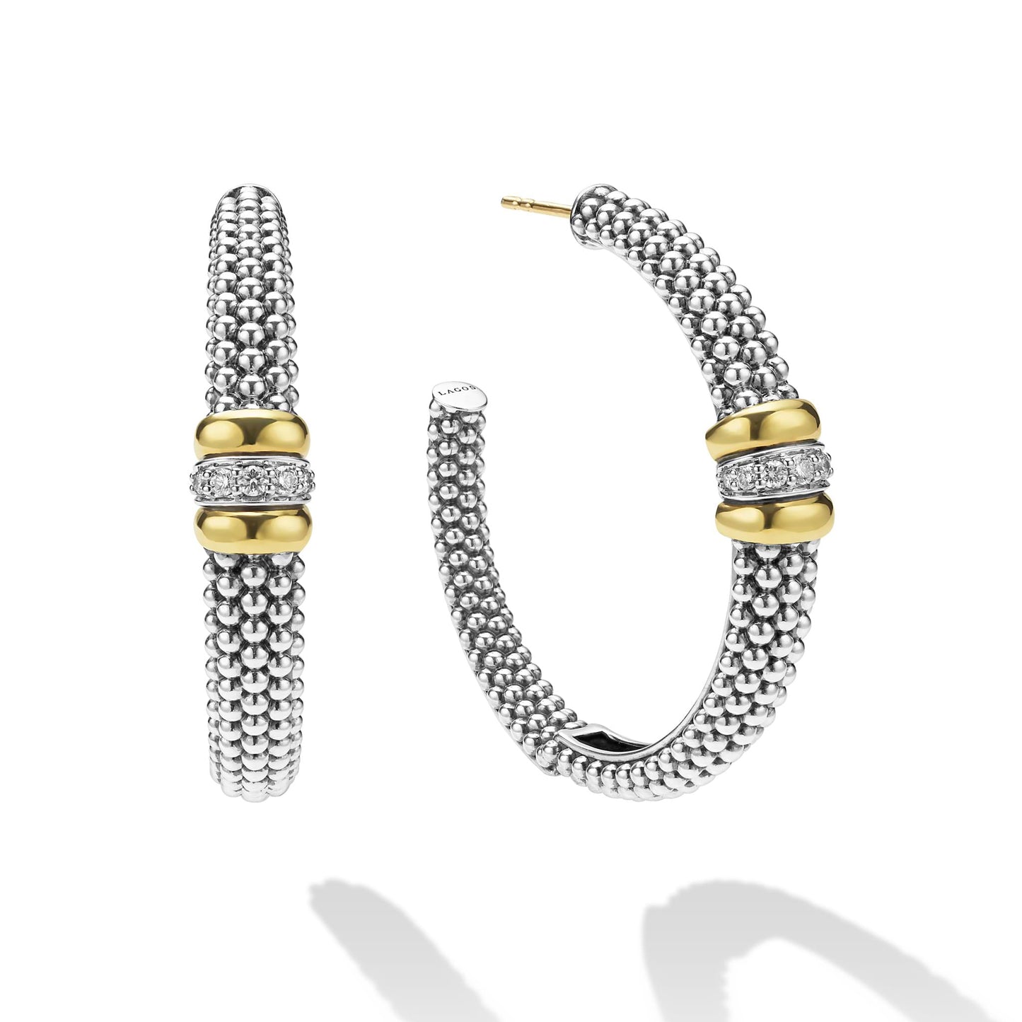 Large Black Ceramic Caviar Diamond Hoop Earrings