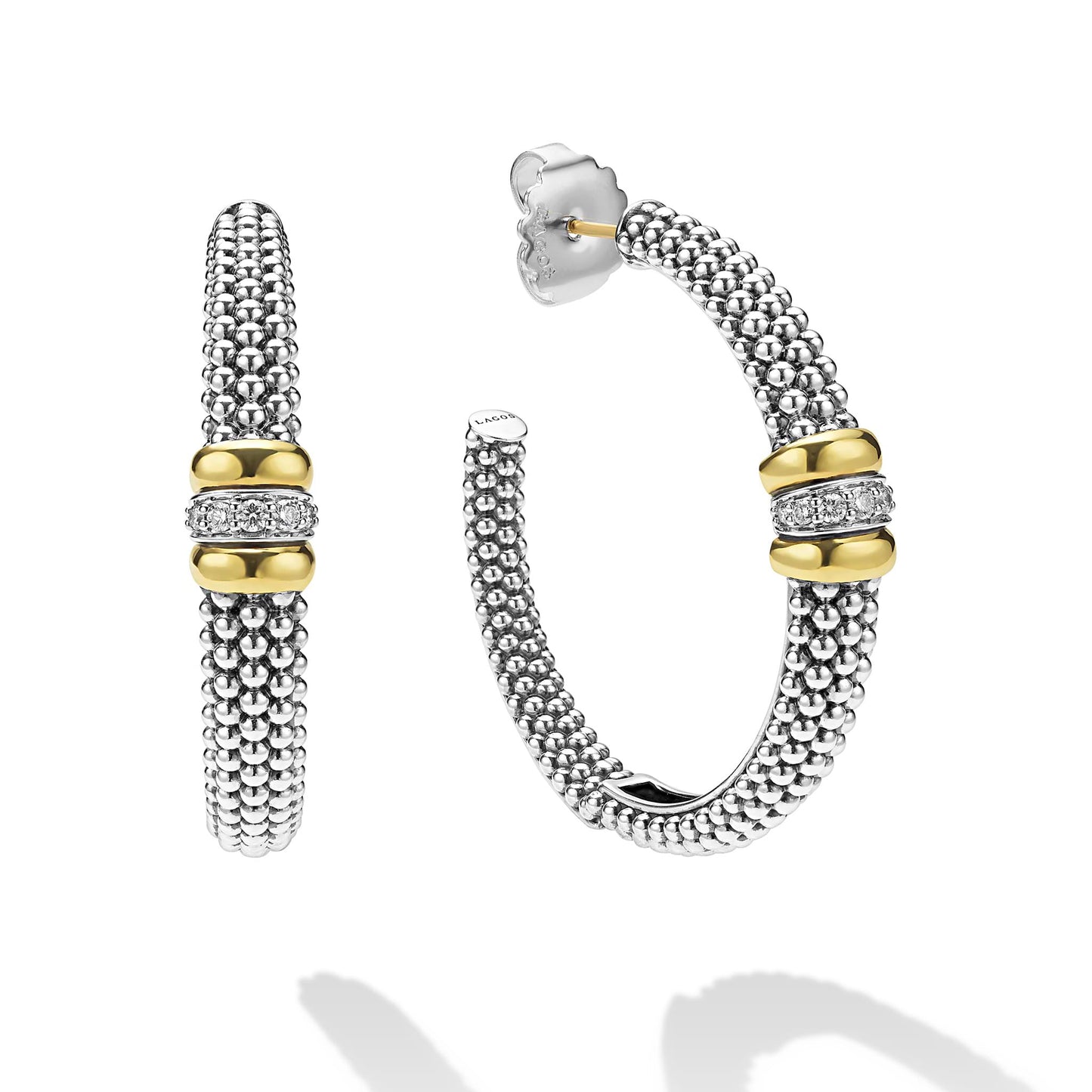 Large Black Ceramic Caviar Diamond Hoop Earrings