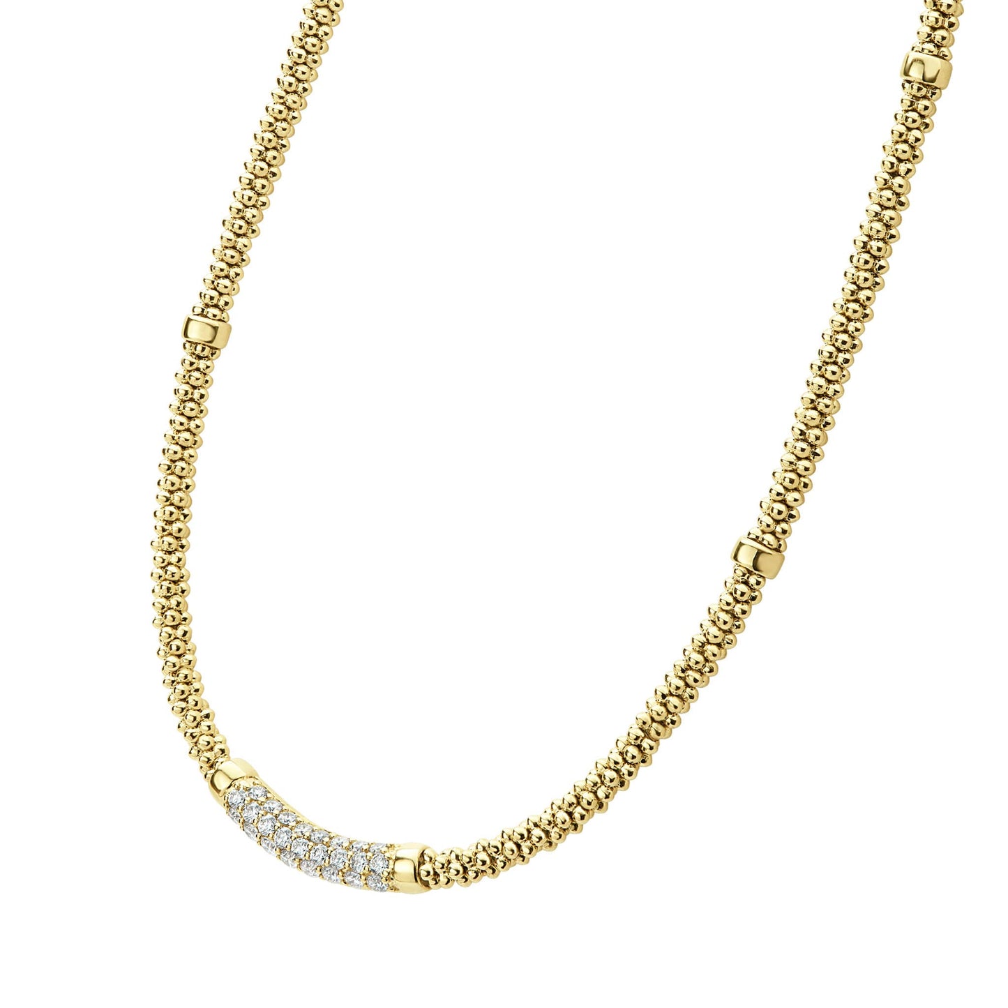 Diamond And 8 Gold Station Caviar Rope Necklace