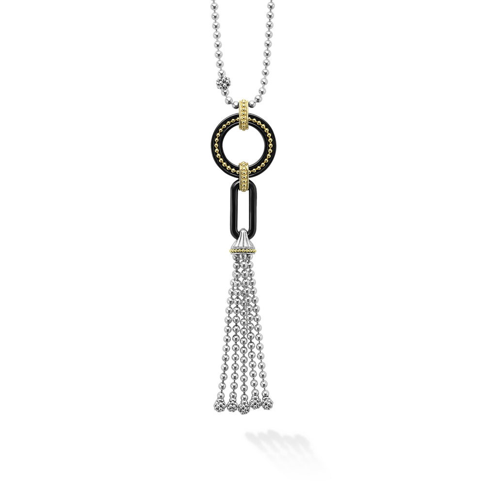 18K Gold and Black Ceramic Drop Tassel Pendant Necklace
