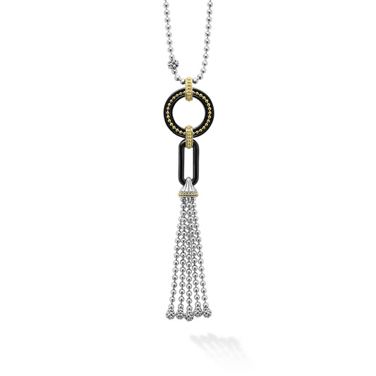 18K Gold and Black Ceramic Drop Tassel Pendant Necklace