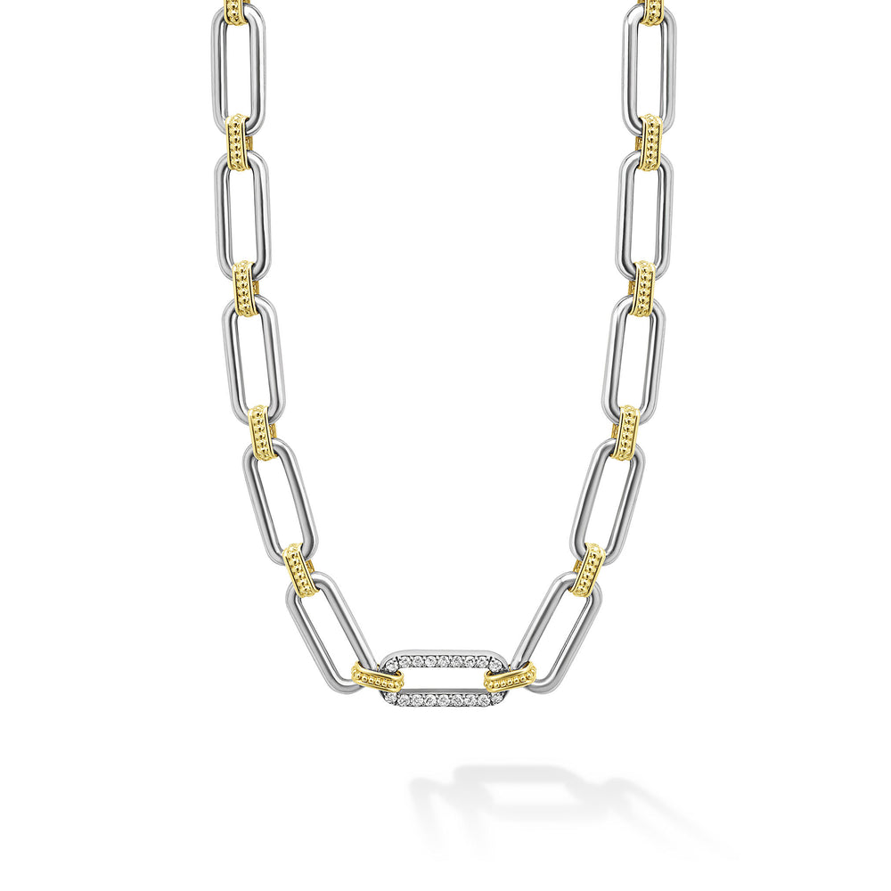18K Gold and Sterling Silver Diamond Oval Link Necklace