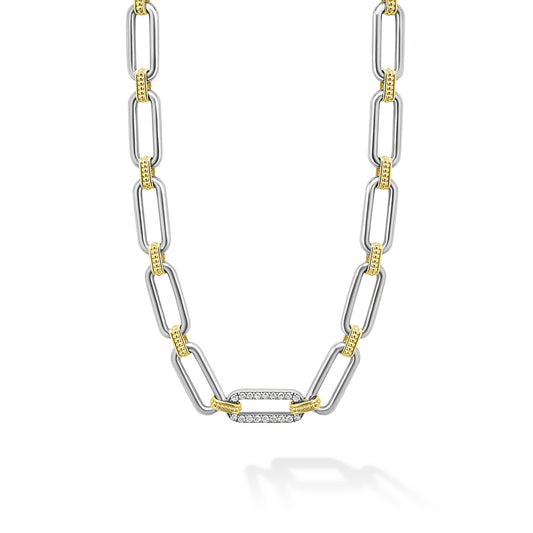 18K Gold and Sterling Silver Diamond Oval Link Necklace