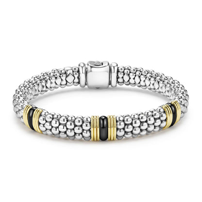 Two-Tone Black Ceramic Three Fluted Station Caviar Rope Bracelet