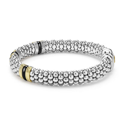 Two-Tone Black Ceramic Three Fluted Station Caviar Rope Bracelet