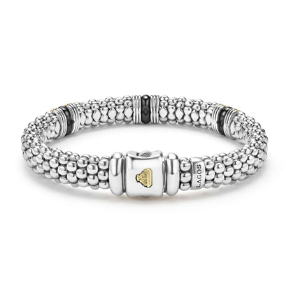 Two-Tone Black Ceramic Three Fluted Station Caviar Rope Bracelet