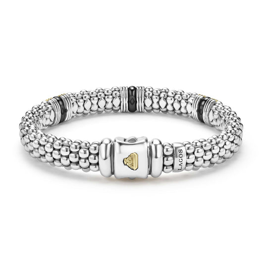 Two-Tone Black Ceramic Three Fluted Station Caviar Rope Bracelet