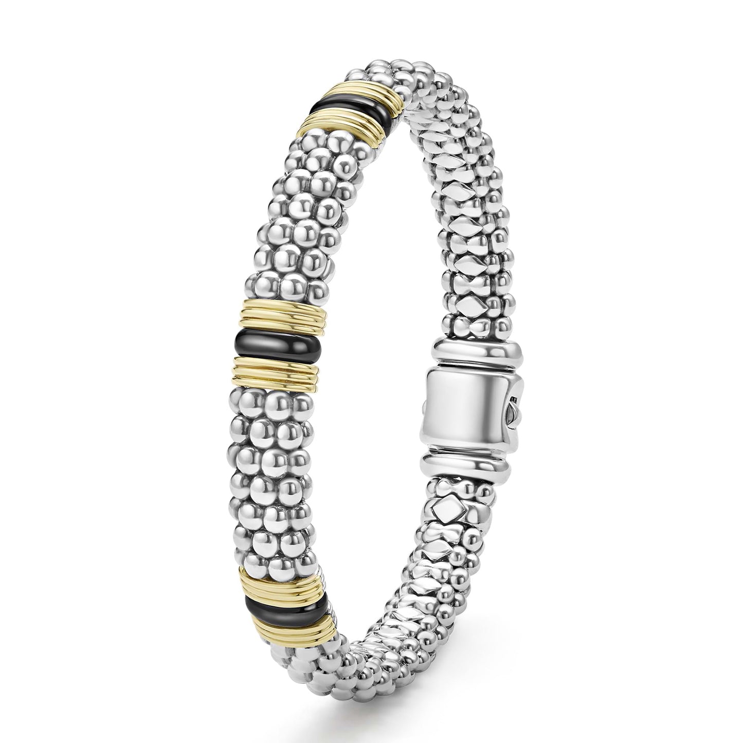 Two-Tone Black Ceramic Three Fluted Station Caviar Rope Bracelet