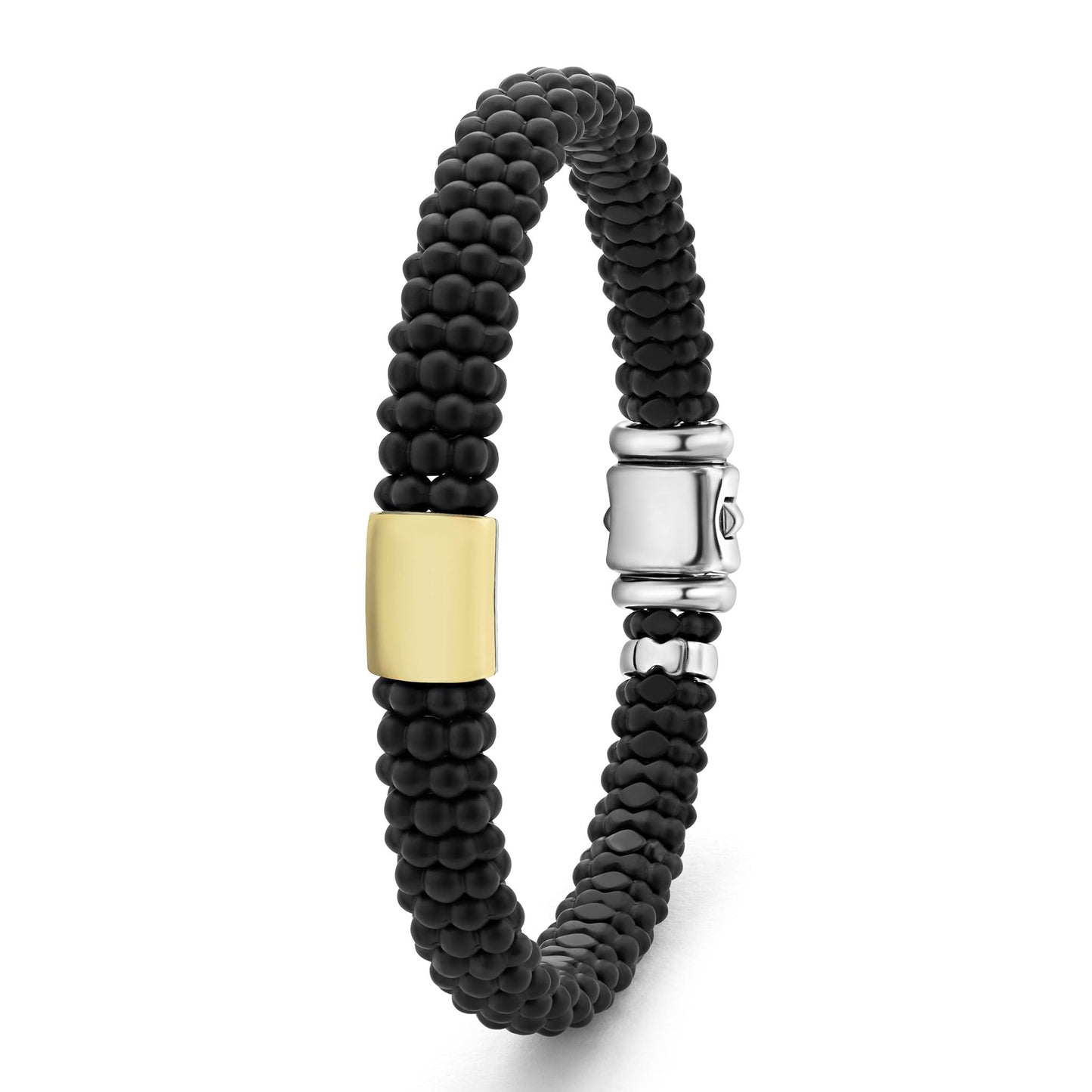 Mens Matte Blue Ceramic Beaded Caviar Rope Bracelet W/Gold Single Station