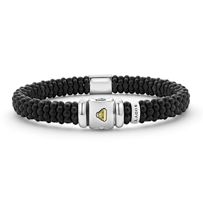 Mens Matte Blue Ceramic Beaded Caviar Rope Bracelet W/Gold Single Station