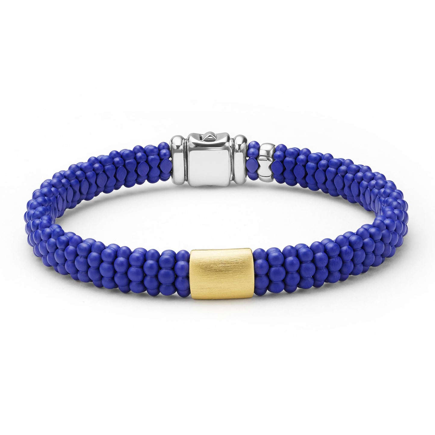 Mens Matte Blue Ceramic Beaded Caviar Rope Bracelet W/Gold Single Station