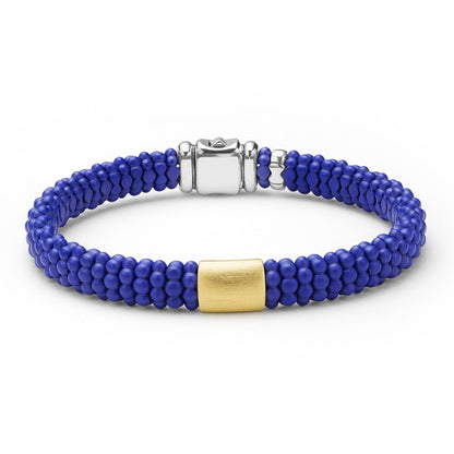 Mens Matte Blue Ceramic Beaded Caviar Rope Bracelet W/Gold Single Station