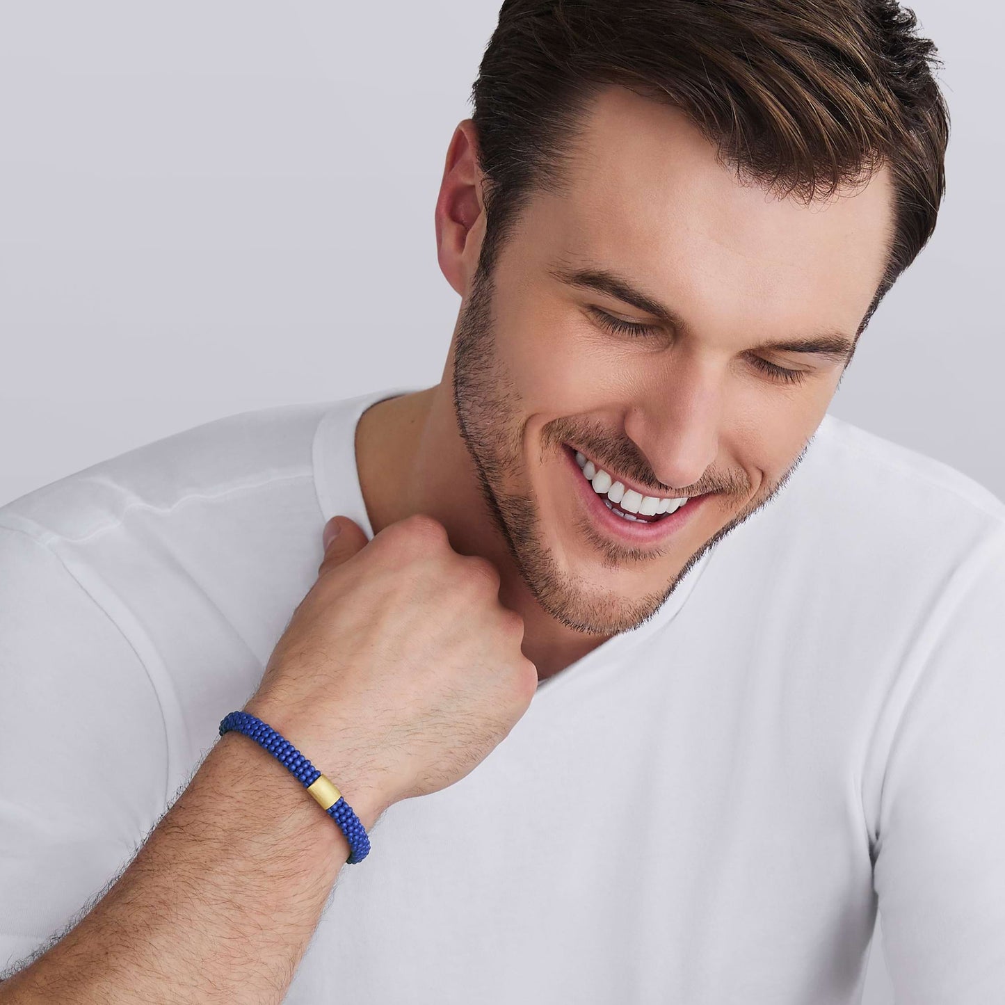 Mens Matte Blue Ceramic Beaded Caviar Rope Bracelet W/Gold Single Station