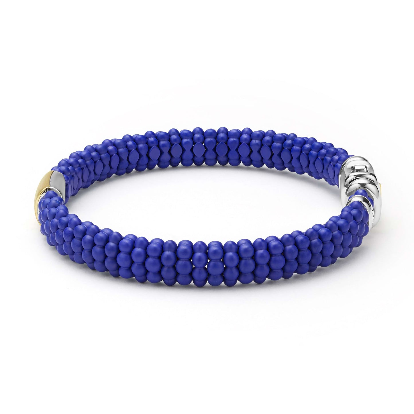 Mens Matte Blue Ceramic Beaded Caviar Rope Bracelet W/Gold Single Station