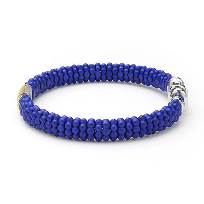 Mens Matte Blue Ceramic Beaded Caviar Rope Bracelet W/Gold Single Station