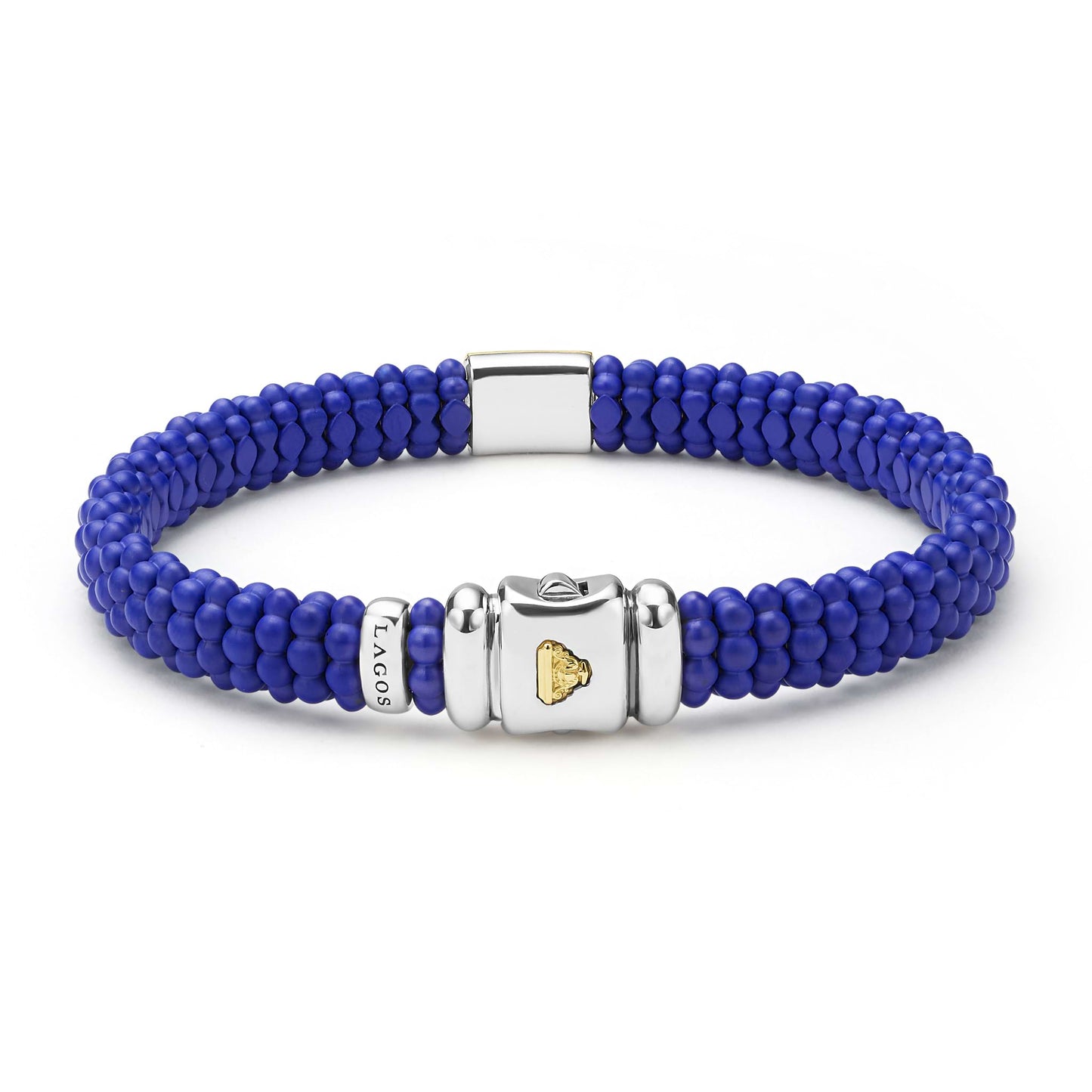 Mens Matte Blue Ceramic Beaded Caviar Rope Bracelet W/Gold Single Station