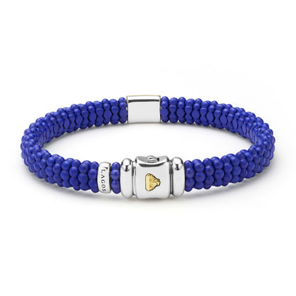 Mens Matte Blue Ceramic Beaded Caviar Rope Bracelet W/Gold Single Station